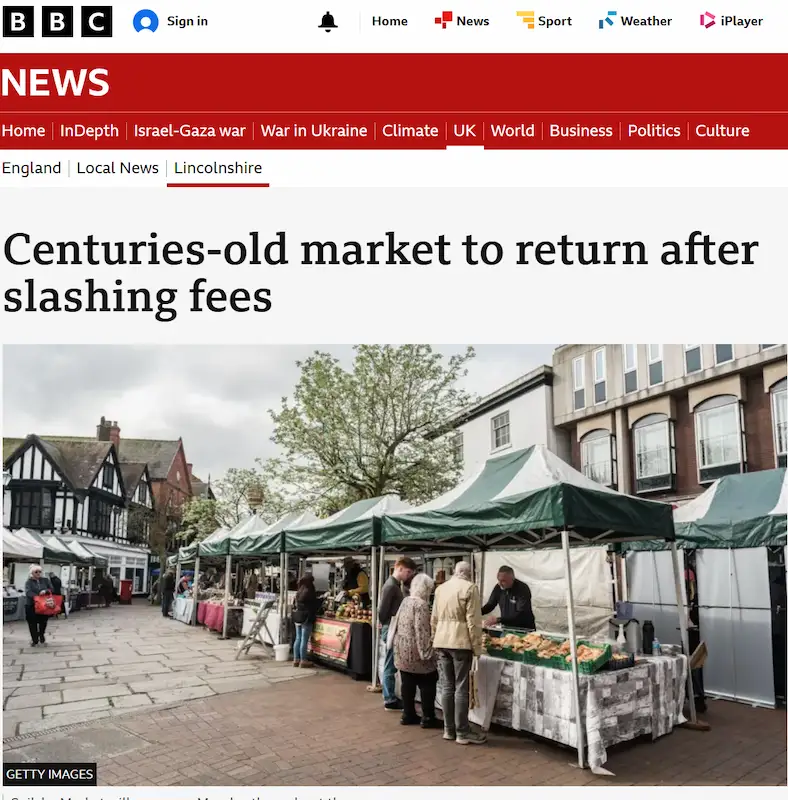 A Screenshot of a picture I took of the Nantwich farmers market on BBC News